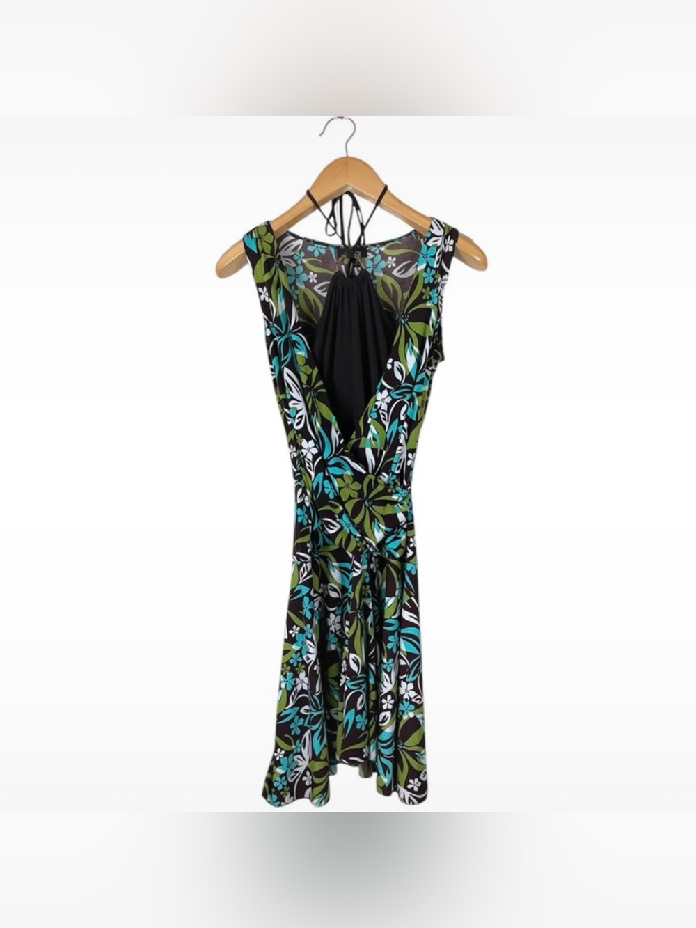 Vintage Y2K A. Byer Womens Size Medium Drop Waist Brown Teal Floral Halter Dress